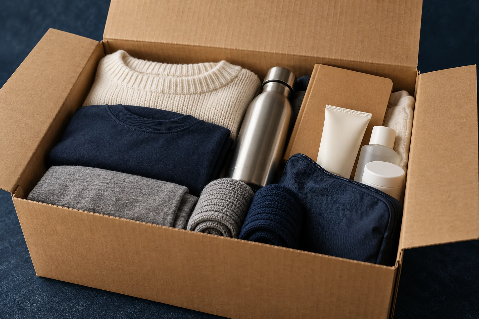 Illustrative kraft essentials box with folded clothing, socks, a bottle, notebook, and toiletries
